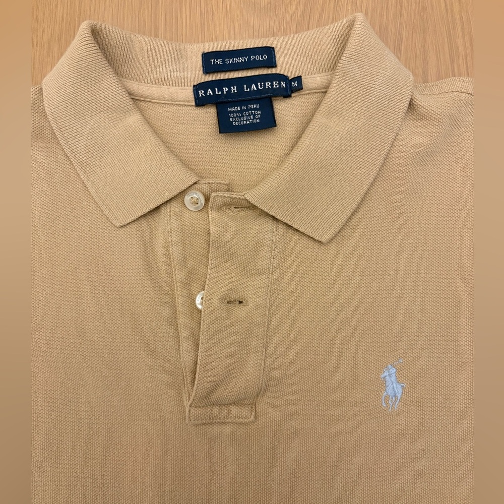 Ralph Lauren Women’s The Skinny Polo Shirt, tan with light blue embroidery